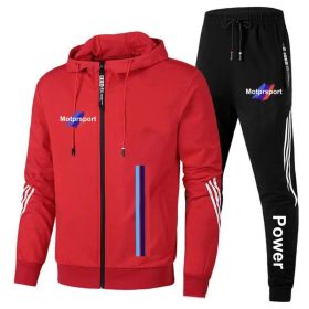 For Bmw Men's Casual Sports Suit Zipper Hooded Jacket + Pants Tracksuit Sweatshirt Casual Male Set (Color: Red, size: 3XL)