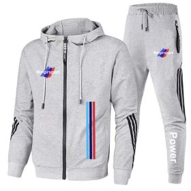 For Bmw Men's Casual Sports Suit Zipper Hooded Jacket + Pants Tracksuit Sweatshirt Casual Male Set (Color: Gray, size: 3XL)