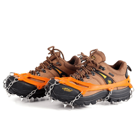 1 pair Outdoor ice claw anti slip shoe cover hiking shoe nail chain stainless steel anti slip snow climbing anti fall shoe nail chain (Color: Orange, size: 24 teeth-M)