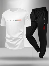 Men's Matching Outfit Set: Graphic Crew Neck T-Shirt & Printed Sweatpants Joggers | Casual Short Sleeve Tee and Athletic Lounge Pants Set (Color: White, size: M)