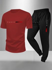 Men's Matching Outfit Set: Graphic Crew Neck T-Shirt & Printed Sweatpants Joggers | Casual Short Sleeve Tee and Athletic Lounge Pants Set (Color: Red, size: M)