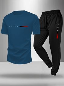 Men's Matching Outfit Set: Graphic Crew Neck T-Shirt & Printed Sweatpants Joggers | Casual Short Sleeve Tee and Athletic Lounge Pants Set (Color: Blue, size: M)