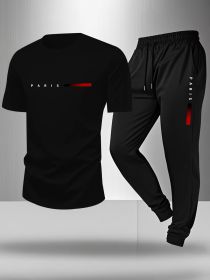 Men's Matching Outfit Set: Graphic Crew Neck T-Shirt & Printed Sweatpants Joggers | Casual Short Sleeve Tee and Athletic Lounge Pants Set (Color: Black, size: XL)
